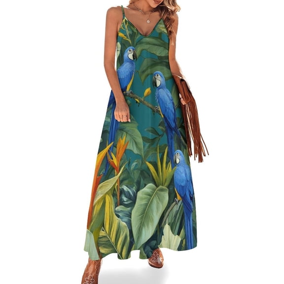 Tropical Parrots Lush Green Foliage Sleeveless Dress Women's Evening Dress Womans Clothing