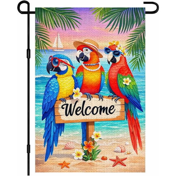 Tropical Parrots Welcome Garden Flag, 12 x 18 Inch Burlap, Double Sided Colorful Parrots and Beach Design for Outdoor Yard, Lawn, Porch, Patio Summer Decor