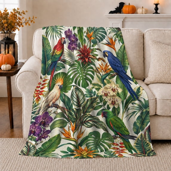 Tropical Parrots amid Dense Green Leaves, Serene Botanical Style for Bird Lovers, Jungle Foliage Scene and Housewarming Gift, Cozy Flannel Blanket for Sunroom and Bedroom, Home Decor