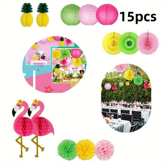 Tropical Party Decor, Flamingo & Pineapple Luau Party Supplies Set | Hawaiian Themed Honeycomb Balls, Paper Lanterns, Fans for Birthday Decorations
