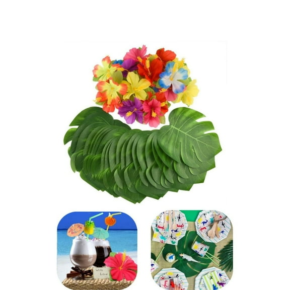 Tropical Party Decoration Supplies,QZS Simulation Hibiscus Flowers for Table Decor,Artificial Palm Leaves for Jungle Beach Theme Decorations,Set of 60