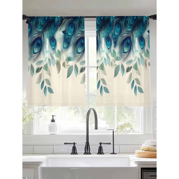 Tropical Peacock Feathers Chiffon Sheer Curtains 45 Inches Long, Classic Gradient Teal Pattern 2 Rod Pocket Window Treatment Voile Drapes Curtains for Living Room Bedroom,2 Panels, 52x45In