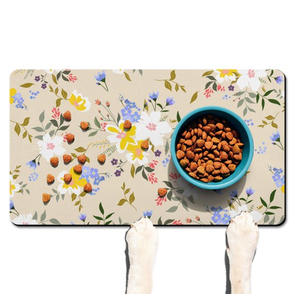 Tropical Pet Feeding Mat - Boho Floral, Non-Slip Absorbent Dog Bowl Mat