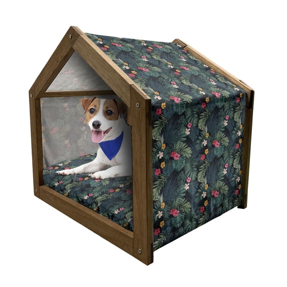 Tropical Pet House, Realistic Rainforest Flora Hibiscus Flowers Monstera Leaves Untouched Paradise, Outdoor & Indoor Portable Dog Kennel with Pillow and Cover, 5 Sizes, Multicolor, by Ambesonne