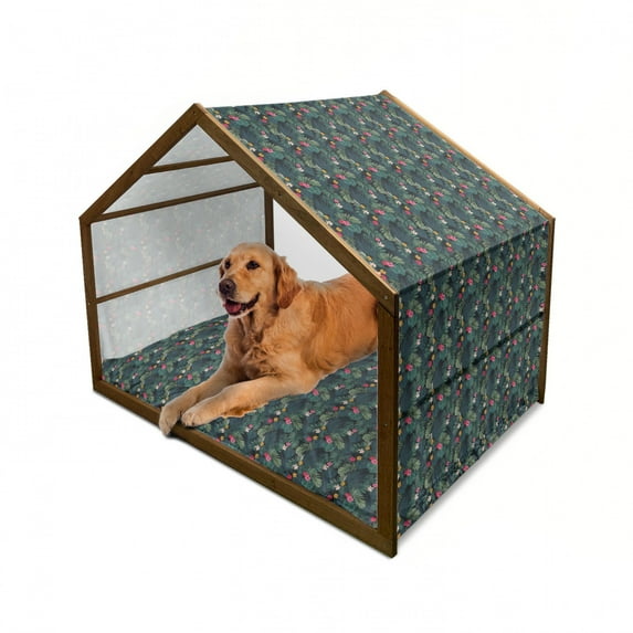 Tropical Pet House, Realistic Rainforest Flora Hibiscus Flowers Monstera Leaves Untouched Paradise, Outdoor & Indoor Portable Dog Kennel with Pillow and Cover, 5 Sizes, Multicolor, by Ambesonne