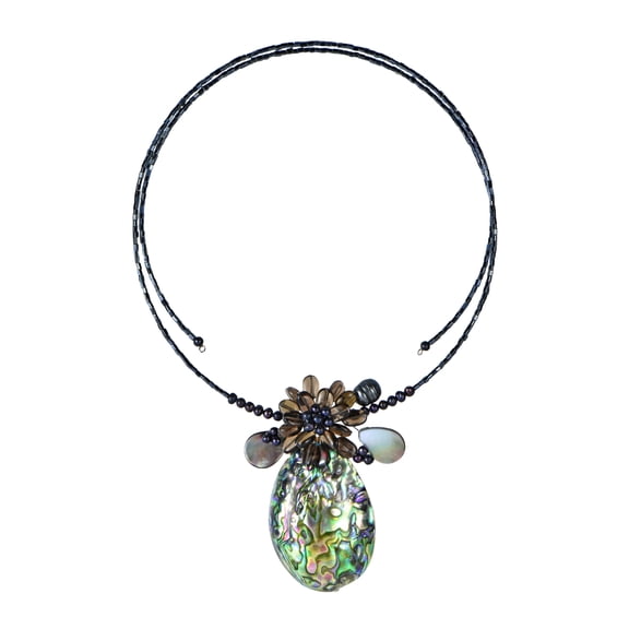 Tropical Petals Peacock Abalone Shell Memory Wire Choker