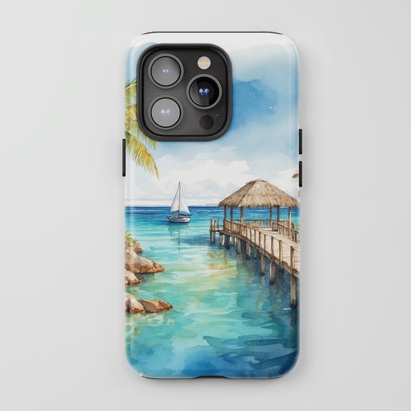 Tropical Pier and Sailboat For All iPhone Series Tough Phone Case Watercolor Beach