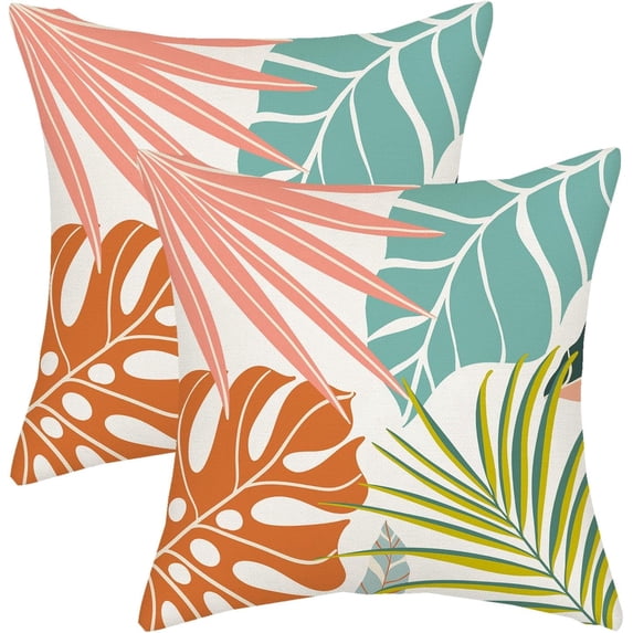 Tropical Pillow Covers 16x16 Green Teal Aqua Blue Coral Orange Palm Leaves Plant Throw Pillows for Couch Summer Leaf Pillowcase Outdoor Decorative Cushion Case for Sofa Bed Decorations Set of 2