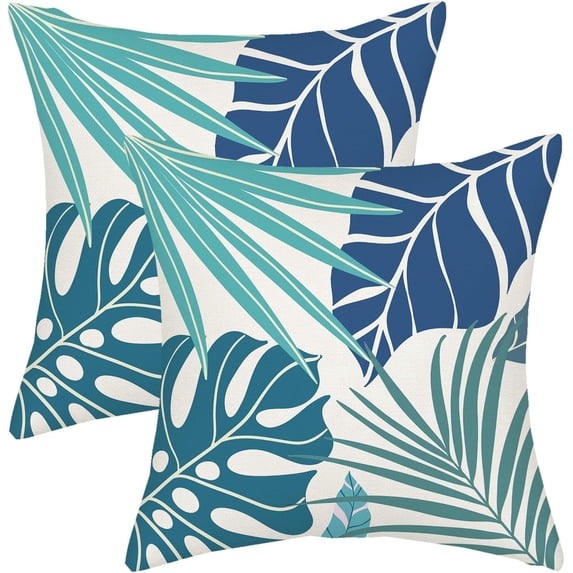 Tropical Pillow Covers 16x16 Navy Blue Aqua Teal Cyan Palm Leaves Plant Throw Pillows for Couch Summer Leaf Pillowcase Outdoor Decorative Cushion Case for Sofa Bed Decorations Set of 2