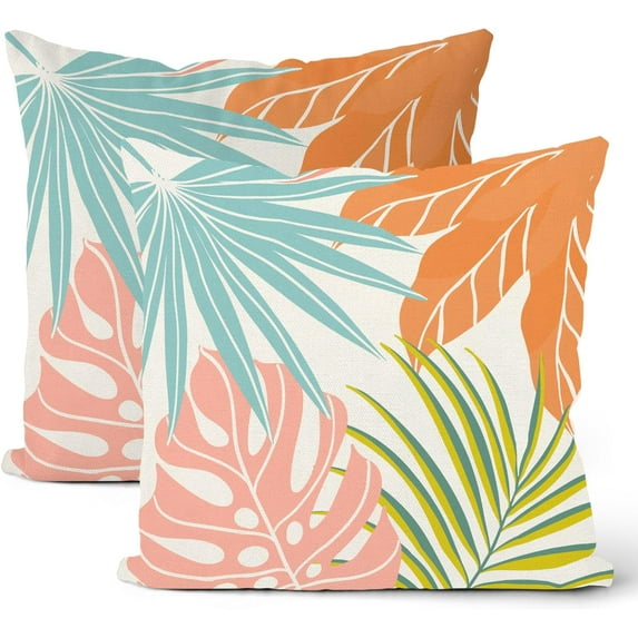 Tropical Pillow Covers 18x18 Set of 2, Colorful Palm Leaf Throw Pillow Covers Hawaiian Style Summer Tropical Leaf Decorative Cushion Case for Couch Sofa Outdoor Bedroom