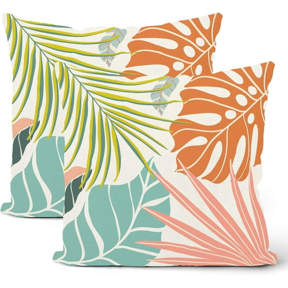 Tropical Pillow Covers 18x18 Set of 2, Colorful Tropical Leaf Throw Pillow Covers Hawaiian Style Summer Palm Leaf Decorative Cushion Case for Couch Sofa Outdoor Bedroom