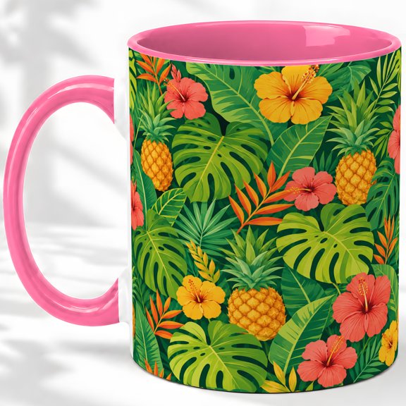 Tropical Pineapple Accent Mug, 11oz Ceramic Coffee Cup for Beach Fans