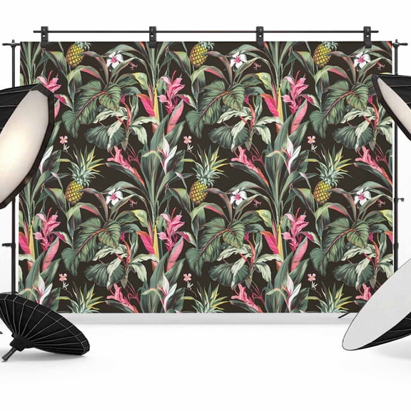 Tropical Pineapple Backdrop for Photography, Fabric Photo Background Backdrop, Pink Green Botanical Leaves Photo Booth Background for Portrait Photoshoot Video Wedding Studio Decoration Banner 7x5ft