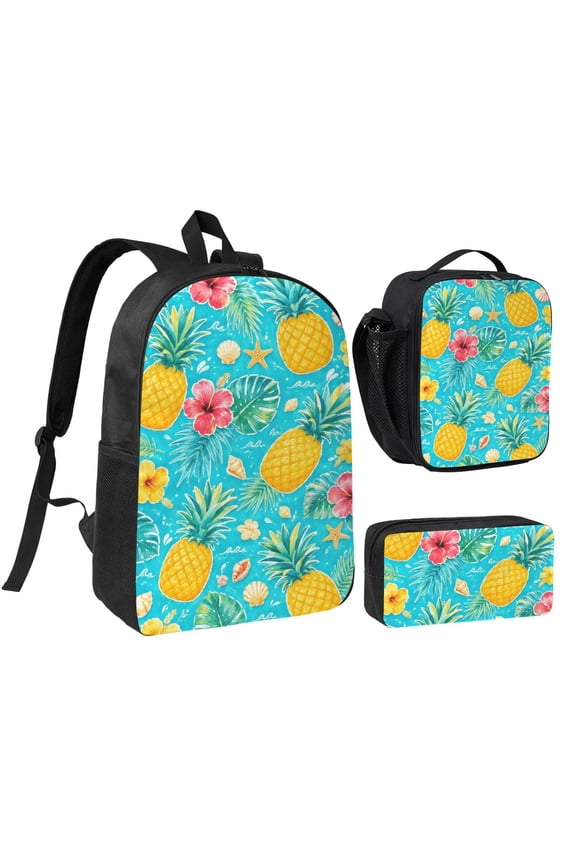 Tropical Pineapple Backpack Set 3pc Including Backpack, Lunch Bag and Pen Bag Combination
