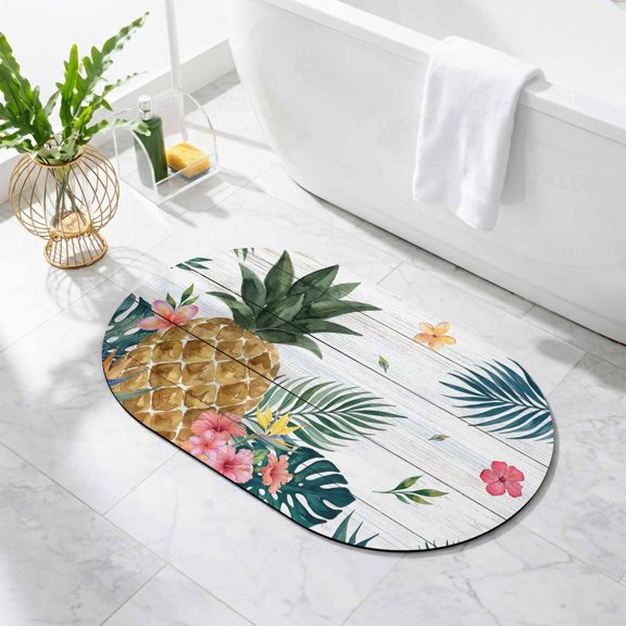 Tropical Pineapple Bathroom Rug Cute Oval Bath Mat Non-Slip Washable Bath Rug Absorbent Soft Farmhouse Summer Palm Leaves Wooden Floor Mat for Bathroom Kitchen Bedroom Shower Room Decor 16"x24"