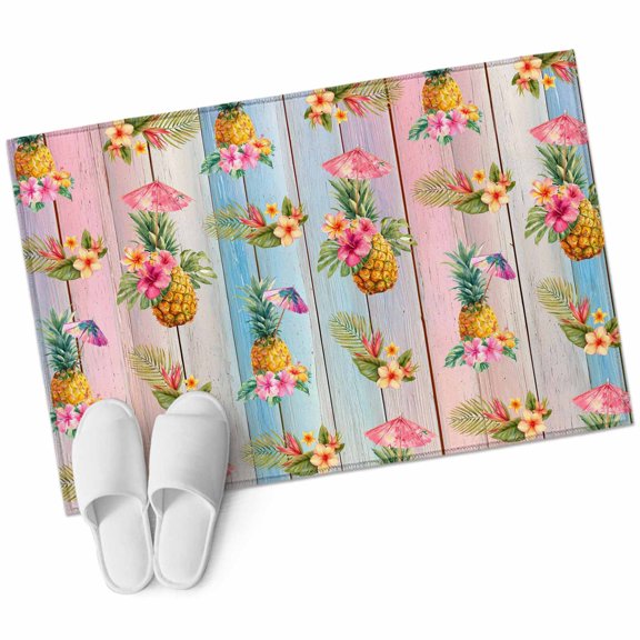 Tropical Pineapple Bathroom Rug Washable 2x3 Entryway Rug Non Slip Summer Palm Leaves Flowers Colorful Wooden Front Door Mat Low Pile Indoor Doormat Throw Floor Carpet for Kitchen Bedroom Entrance