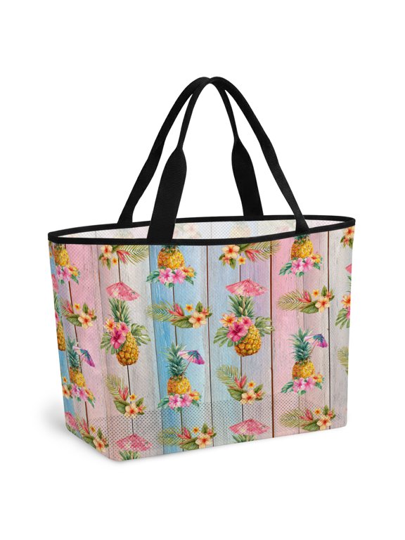 Tropical Pineapple Beach Bag for Women, Large Breathable Mesh Beach Tote Bag, Summer Palm Leaves Flowers Colorful Wooden Sandproof Lightweight Travel Bags for Vacation Picnic Swimming Pool