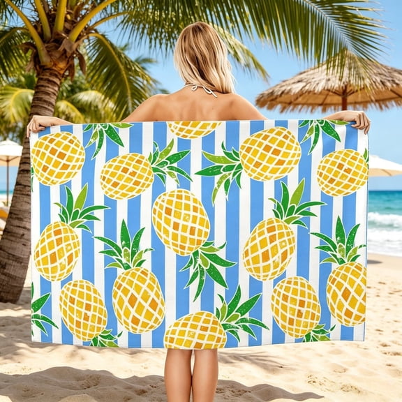 Tropical Pineapple Beach Towel Large Oversized Soft Absorbent Quick Dry Summer Bath Towel Striped Microfiber Sand Proof Towel for Beach Swimming Pool Camping Picnic Outdoor Travel Use