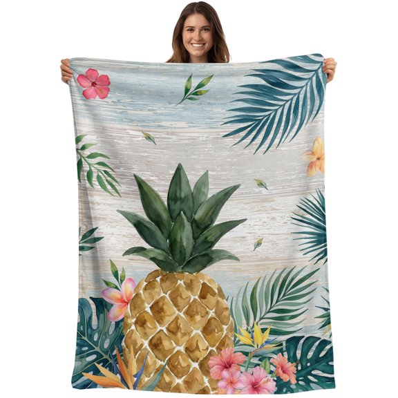 Tropical Pineapple Blanket Soft Cozy Warm Throw Blanket for Couch, Plush Fuzzy Flannel Blankets for Sofa, Beach Palm Leaf Flowers Wood Grain Bed Blankets Lightweight Gifts for Women, 30"x40"
