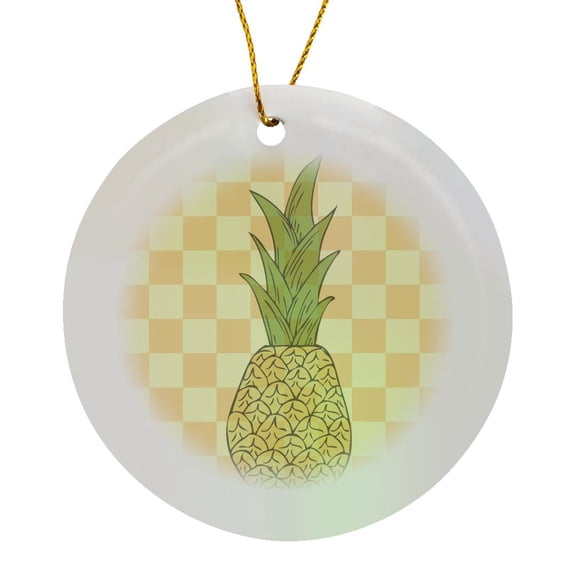 3drose, Tropical Pineapple - Fruits - Yellow Checkered Art, Circle Porcelain Ornament