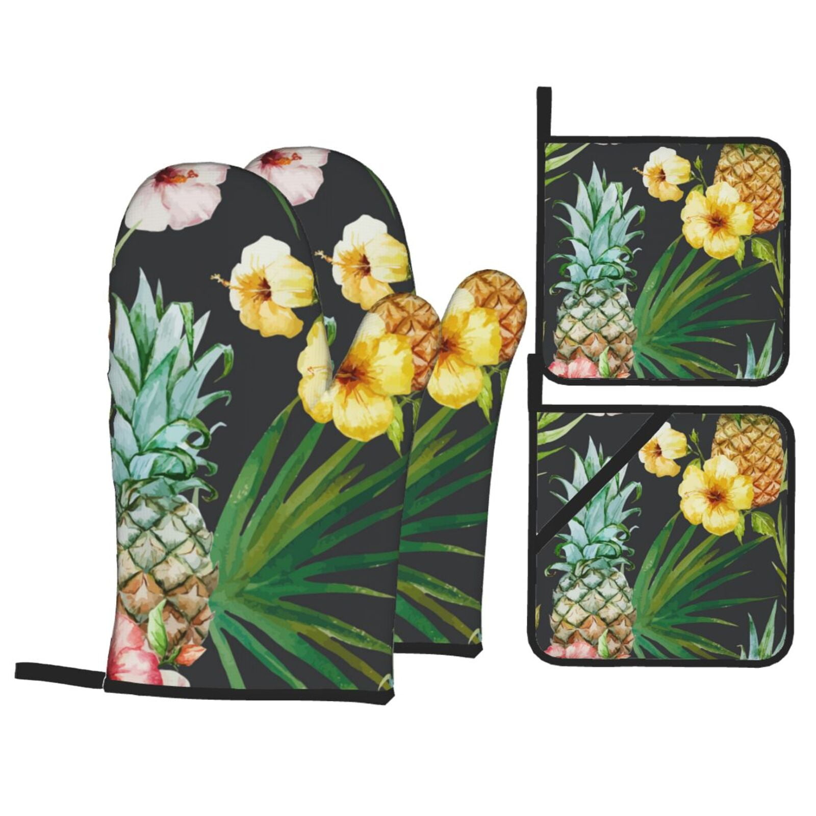 Tropical Pineapple Hawaii Floral 4Pcs Oven Mitts and Pot Holders Sets Oven Kitchen Gloves Hot Pads for Cooking BBQ Baking Grilling