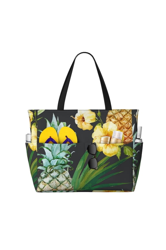 Tropical Pineapple Hawaii Floral Large Capacity Beach Travel Tote Bag Shoulder Handbag for Gym Camping Shopping