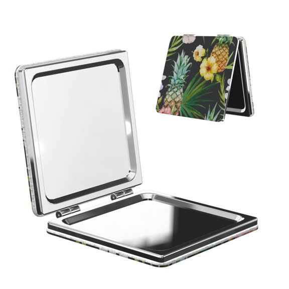 Tropical Pineapple Hawaii Floral Portable Double-Sided Face Mirror Square, Magnifying Compact Pocket Mirror with PU Leather Cover