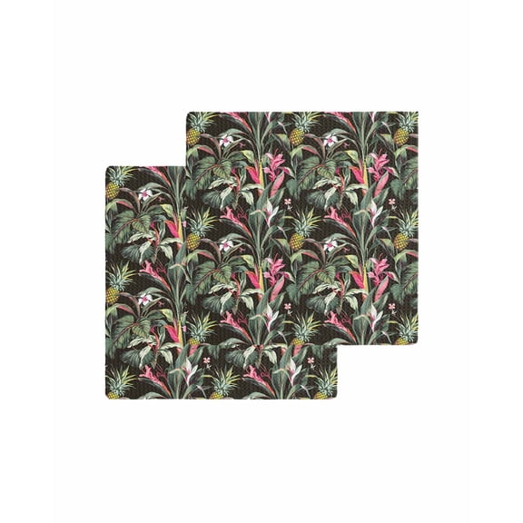 Tropical Pineapple Kitchen Dish Towels for Drying Dishes Set of 2, Pink Green Botanical Leaves Waffle Weave Microfiber Terry Hand Tea Bathroom Towels Quick Dry & Absorbent Towel 12x12