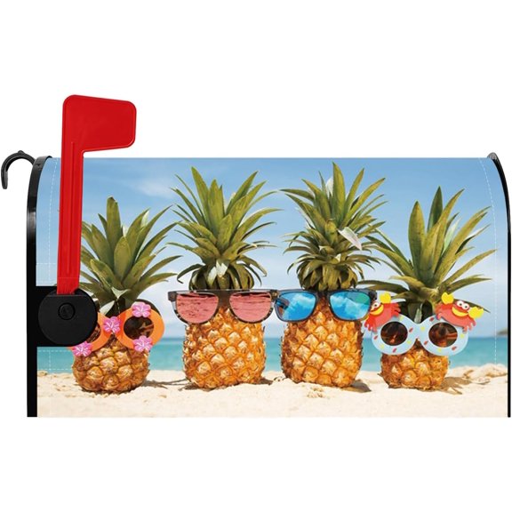 Tropical Pineapple Mailbox Cover, 21x18 Inch, Yellow Pineapple, Post Mount, Magnetic, Waterproof, Oxford Cloth, Standard Size, Beach Seaside Style