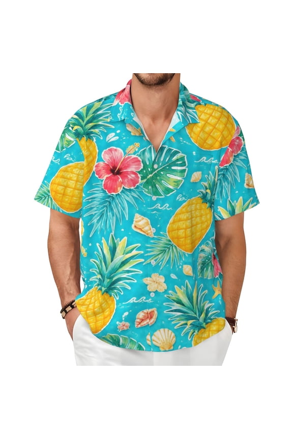 Tropical Pineapple Men's Shirts Short-Sleeved with All-Over Prints Button-Up Shirts