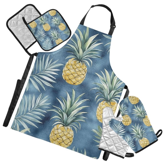 Tropical Pineapple Pattern Oven Mitts and Pot Holders with Chef Apron Set 5 Pcs Kitchen Cooking Set