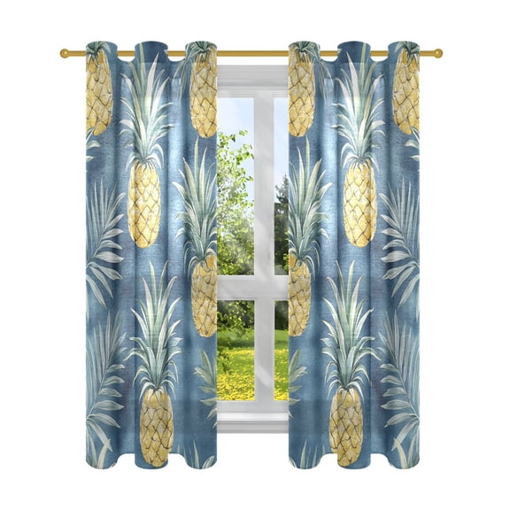 Tropical Pineapple Pattern Semi Sheer Curtains for Living Room Bedroom Set of 2 Insulated Window Drapes