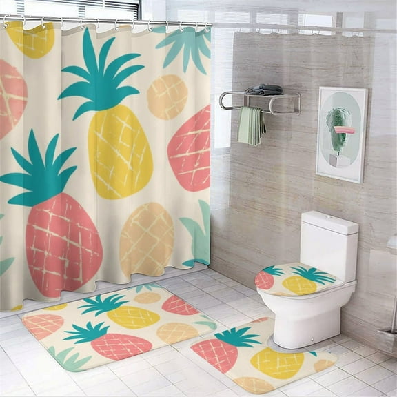 Tropical Pineapple Pattern Shower Curtain Set Modern Bathroom Decor Mats 4pcs Fabric Bathroom Curtain Slip Floor Rug Toilet Lid