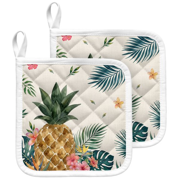 Tropical Pineapple Pot Holders for Kitchen Heatproof Potholder, 2 Pack Rustic Summer Fruit Palm Leaves Floral Hot Pads Multipurpose Oven Pads Terry Cloth Potholders Trivet for Cooking and Baking