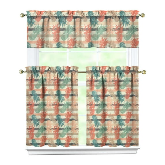 Tropical Pineapple Print Kitchen Curtains - Set of 3 with Valance, Aesthetic Hawaiian Farmhouse Tier Window Panels