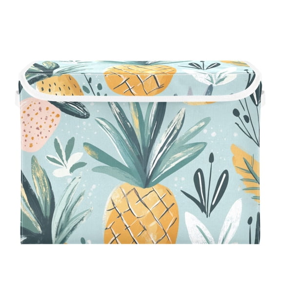 Tropical Pineapple Print Large Storage Bins with Linen Collapsible Lid Storage Box 16.7 x 12.6 x 11.8in