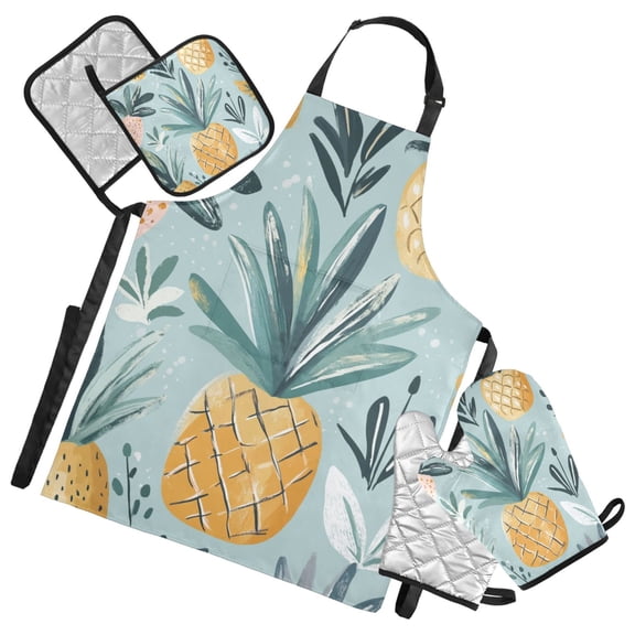 Tropical Pineapple Print Oven Mitts and Pot Holders with Chef Apron Set 5 Pcs Kitchen Cooking Set