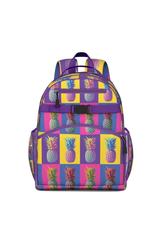 Tropical Pineapple Print Student Backpack with Fresh Flowers and Exotic Plant Patterns Lightweight and Spacious School Book Bag for Toddlers and Elementary Students