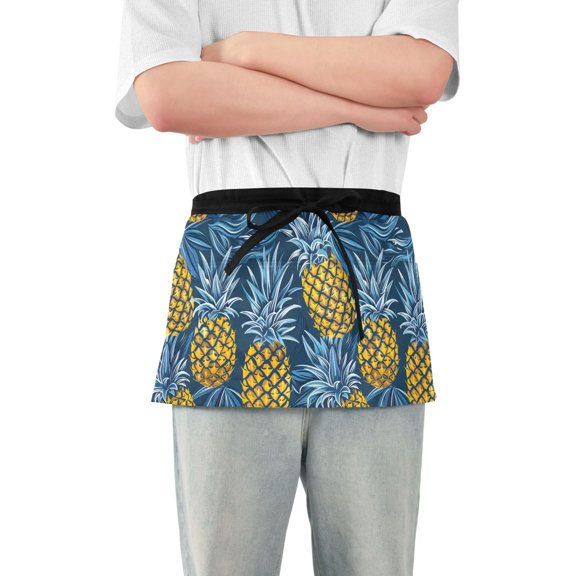 Tropical Pineapple Server Apron with 3 Pockets Waterproof Waitress Waist Short Apron for Man Woman 12 Inches