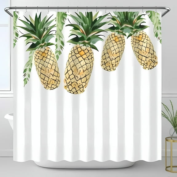 Tropical Pineapple Shower Curtain Watercolor Design on White Background Green Leaves Perfect for Summer Decor