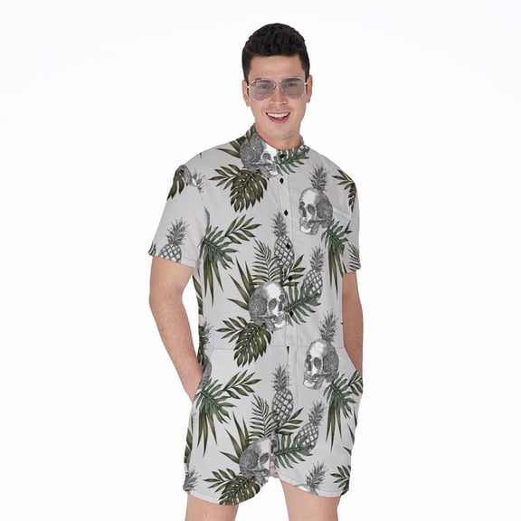 Tropical Pineapple Skull Pattern Short Sleeve Men'S Rompers, Skull Lover Gifts Casual Summer Jumpsuits Outfit