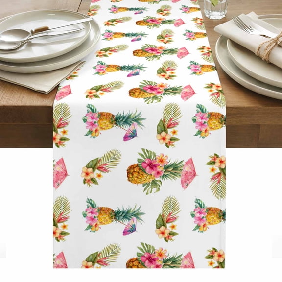 Tropical Pineapple Table Runner Summer Palm Leaves Flowers Tablerunners 13 x 36 Inch, Table Decorations Tabletop Scarf for Summer Gathering Holiday Farmhouse Kitchen Dining Decor