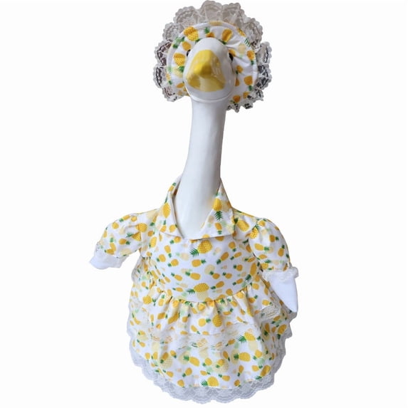 Tropical Pineapple Themed Porch Goose Outfit Set with Lace Trim Dress and Hat for 23 Inch Lawn Goose Statues Summer Front Porch Decor