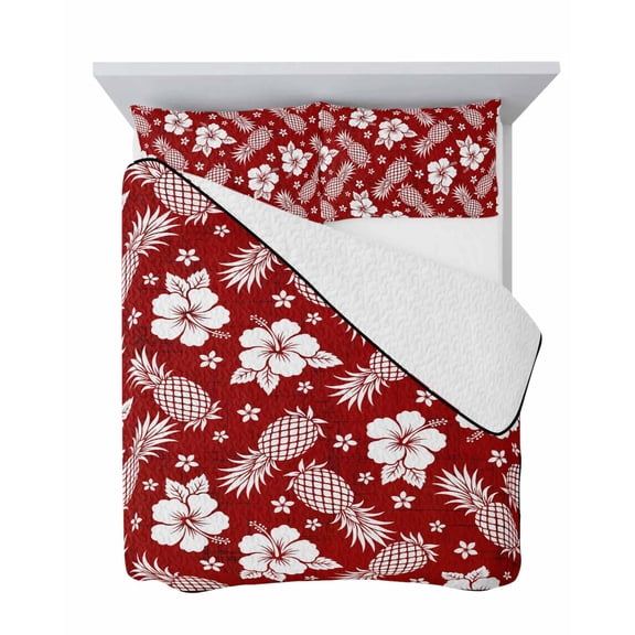 Tropical Pineapples 3 Piece Quilt Set Full Size, Summer Hibiscus Flower Floral Deep Red Soft Bedspread Coverlet Bedding Set Microfiber Lightweight Comforter Set with 2 Pillowcases for Bedroom