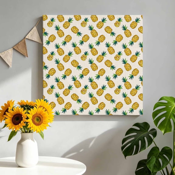 Tropical Pineapples Canvas Wall Art, Boho Summer Fruit Slices Linen Texture Framed Canvas Wall Decor Picture Print Artwork Decorations for Living Room Office Ready to Hang 16" x 16"