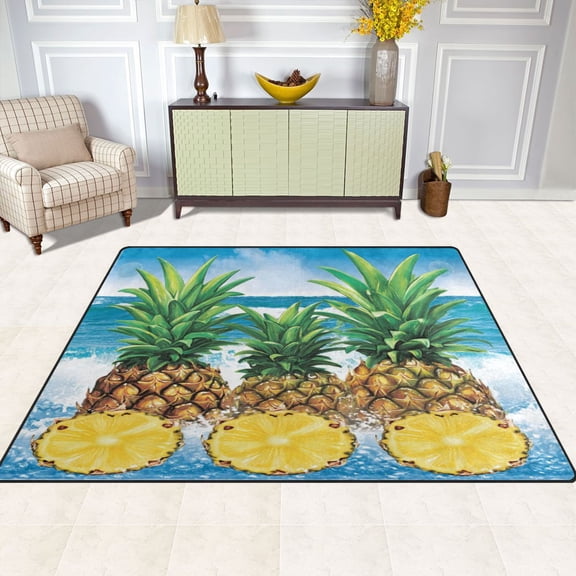 Tropical Pineapples Pattern 63''x48'' Plush Memory Foam Bath Mat, Soft, Absorbent, Non Slip, Durable