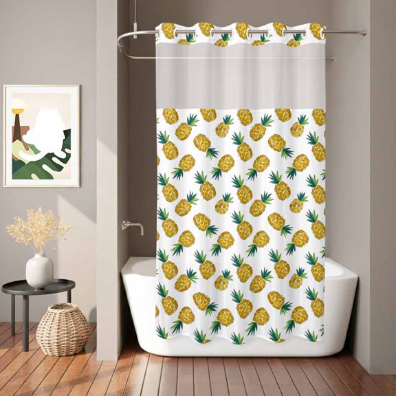 Tropical Pineapples Shower Curtain, Boho Summer Fruit Slices Rustic Country Waterproof No Hooks Bath Shower Curtain with See Through Top Window for Bathroom Bathtub 36x72in
