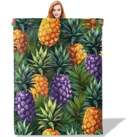 Tropical Pineapples Throw Blanket 60x50, Fruit Theme Blankets for Living Room Decor, Soft Flannel Pineapples Gifts for Women