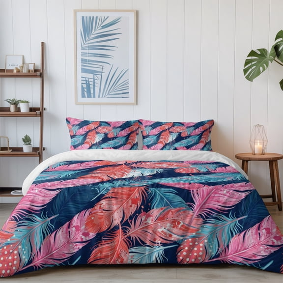 Tropical Pink Blue Bird Feathers California King Size Bed Set,Vibrant Plumage Bedding for All Seasons,4 Pcs Bed Set with 1 Quiltcover (96"x104"),1 Sheet (110"x98"),2 Pillowcases (20"x36")