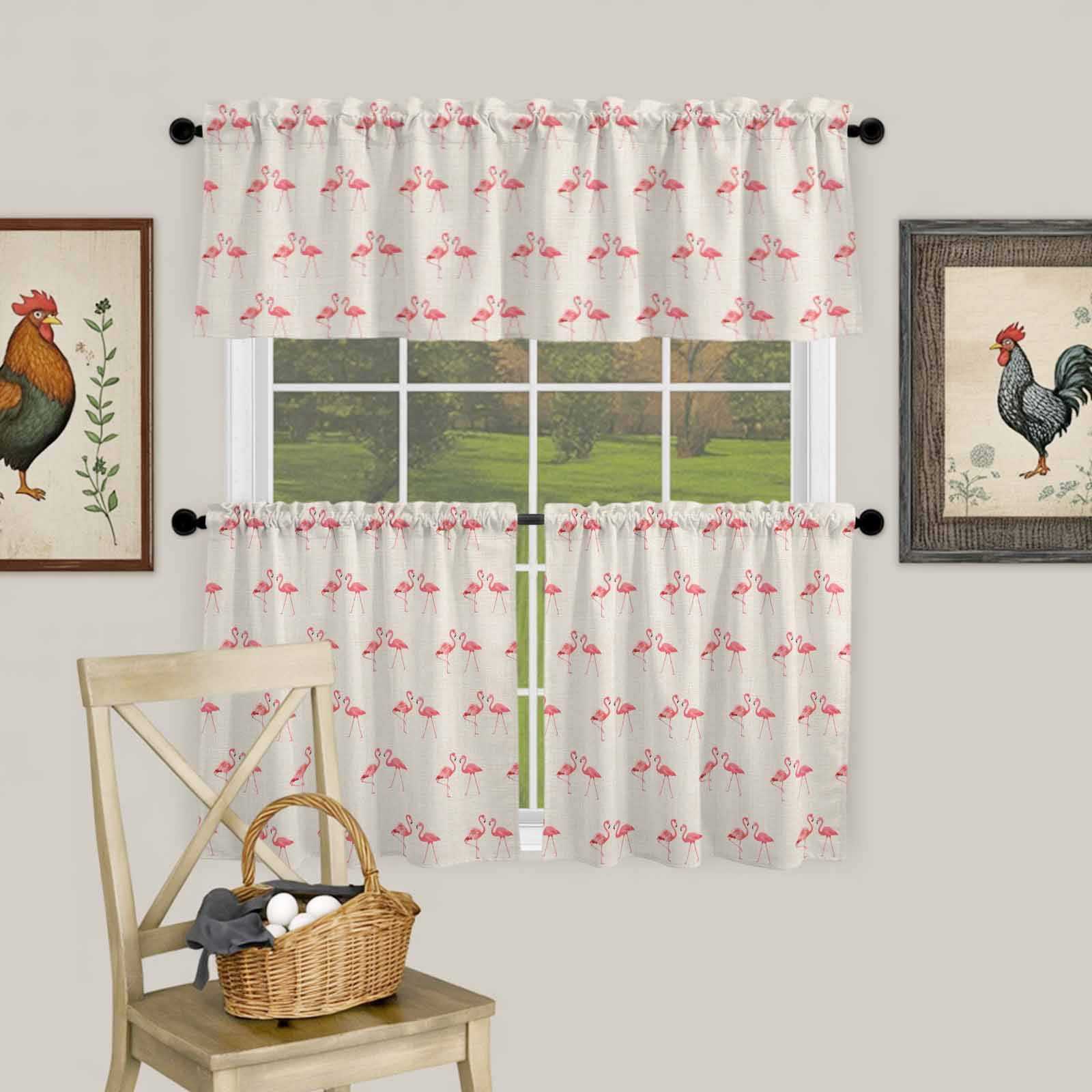 Tropical Pink Flamingo Bird Curtain Tier and Valance Set 3 Piece, Summer Animals on Burlap Linen 3-inch Rod Pocket Window Tier Curtains Valance for Kitchen Living Room